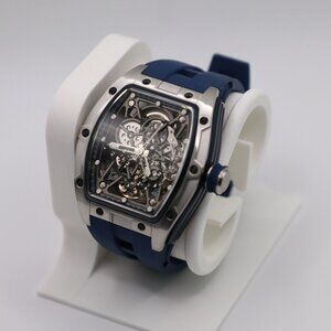 Luxury Skeleton Automatic Watch 40mm – Silver Case | Blue Rubber Strap